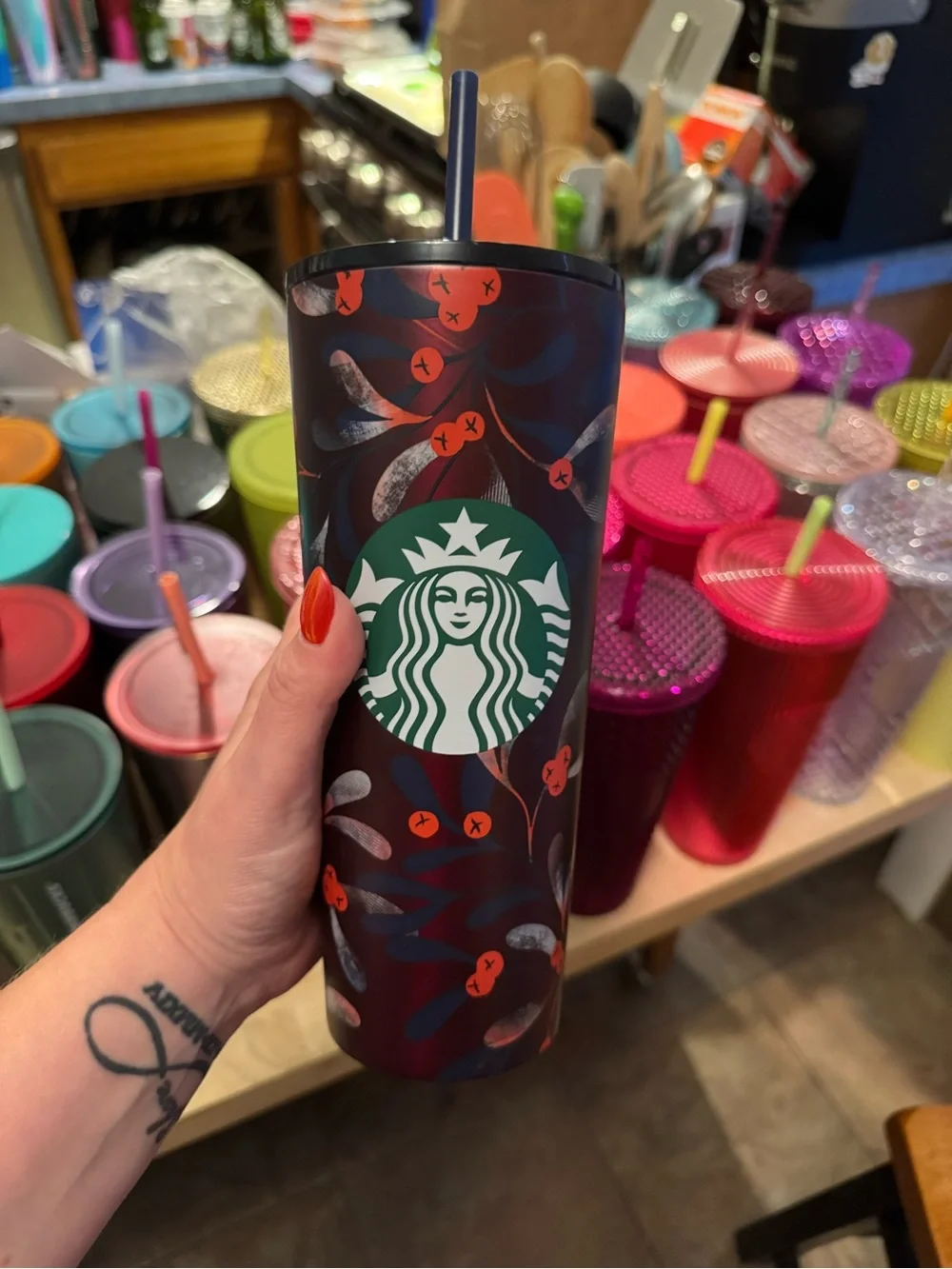 Starbucks Dark Berry Floral Tumbler with Green Logo and Navy Straw